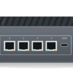 Illustration of a fanless mini firewall appliance with four Ethernet ports