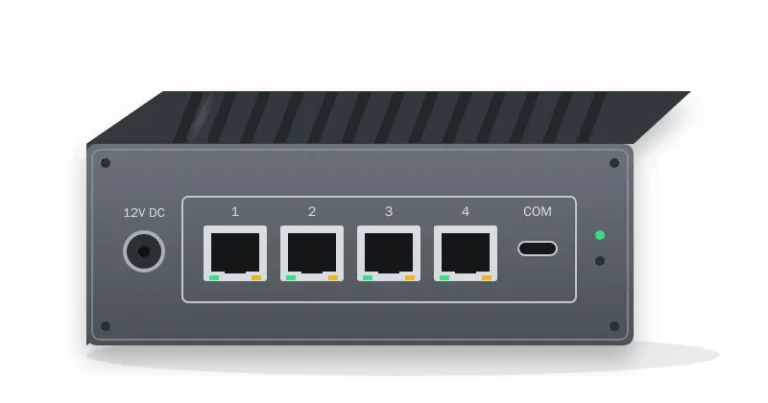 Illustration of a fanless mini firewall appliance with four Ethernet ports