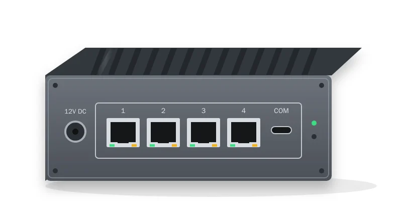 Illustration of a fanless mini firewall appliance with four Ethernet ports