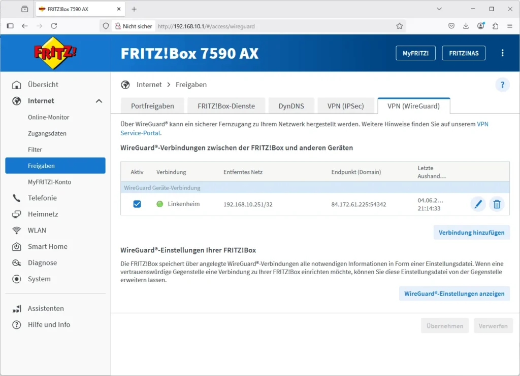 Interface du routeur affichant le client VPN WireGuard connecté
