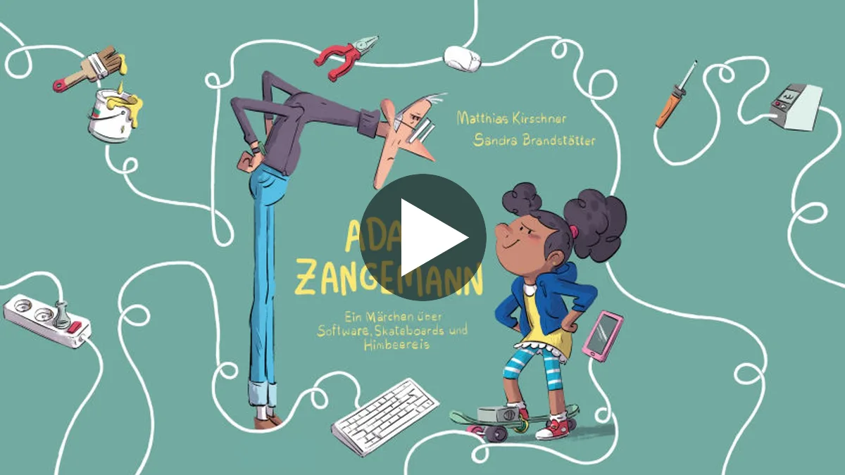 Vorschaubild des Animationsfilms Ada & Zangemann der FSFE mit Play-Button; verlinkt auf den Film bei media.fsfe.org