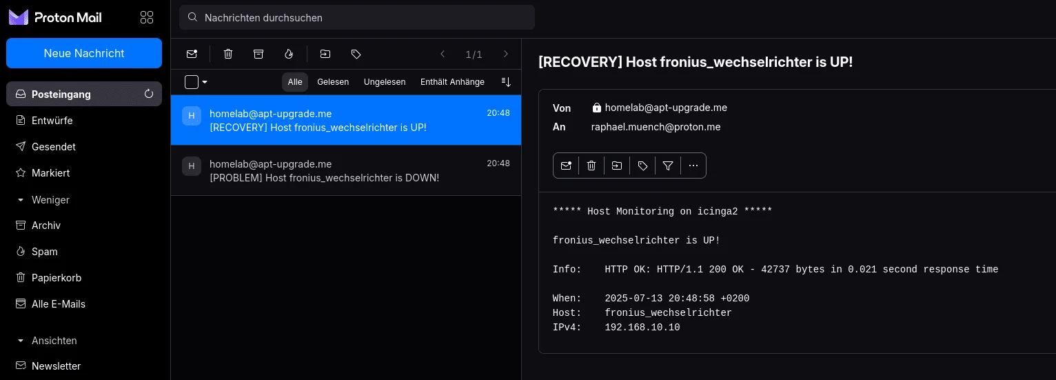 Icinga2-Monitoring-E-Mail über den kurzen Ausfall des Wechselrichters während des Updates