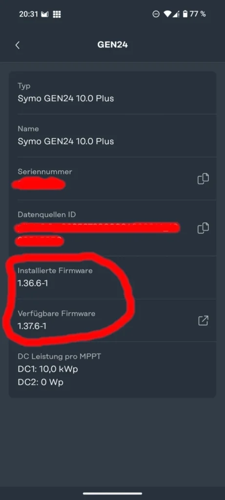Fronius-Wechselrichter-App mit der alten Firmware-Version