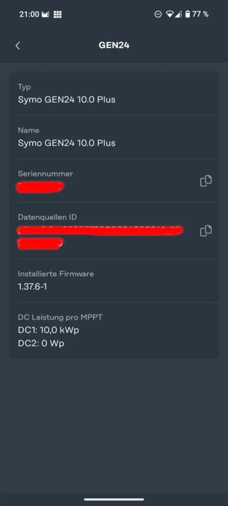 Fronius-Wechselrichter-App mit der aktualisierten Firmware-Version