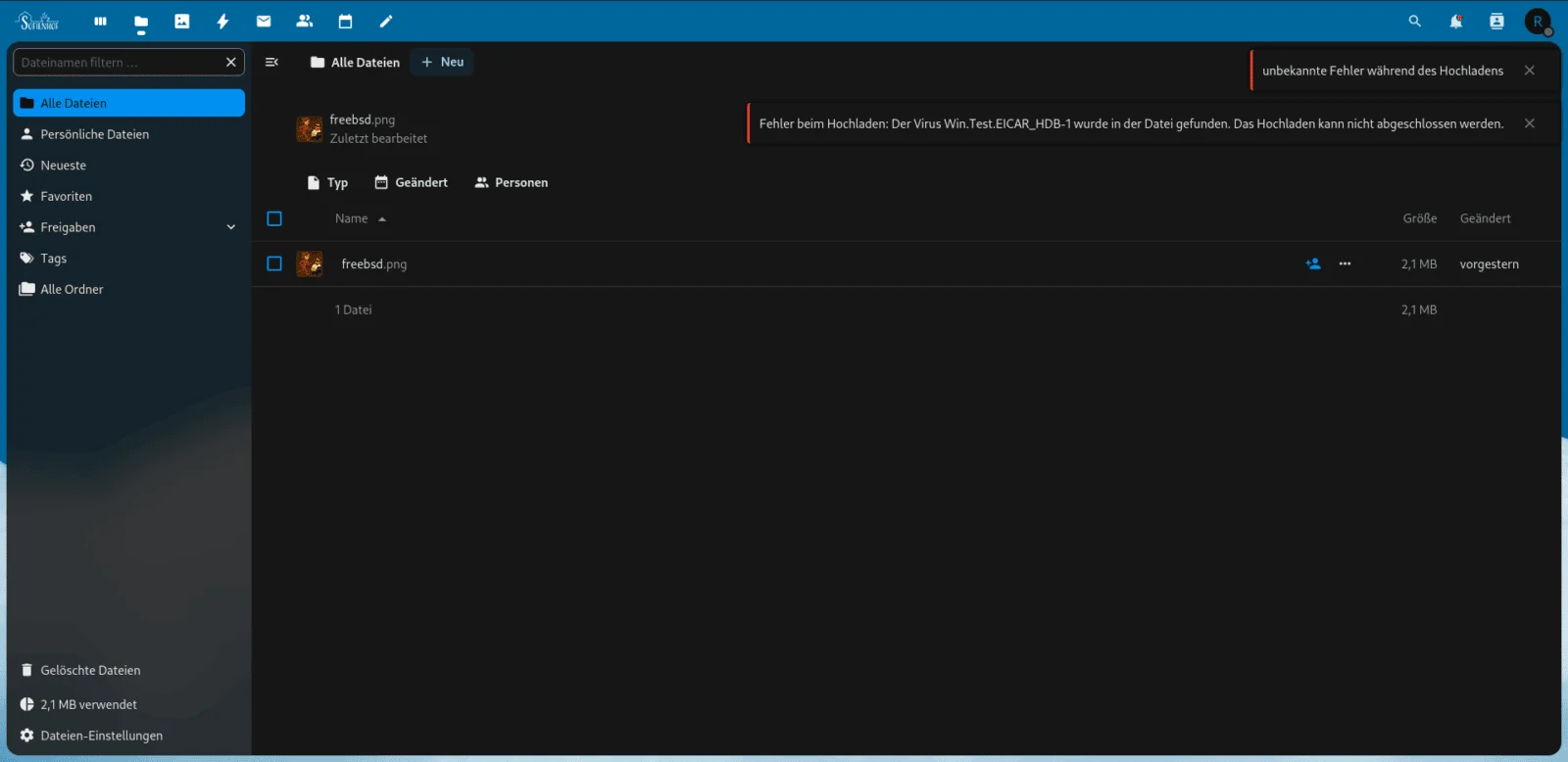 Notification antivirus de Nextcloud après la détection d’un fichier de test par ClamAV