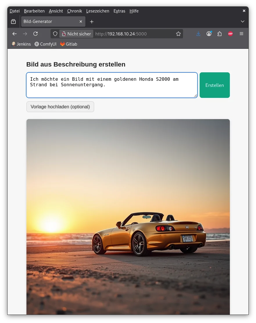 Screenshot des lokal mit FLUX erzeugten Bildes in ComfyUI