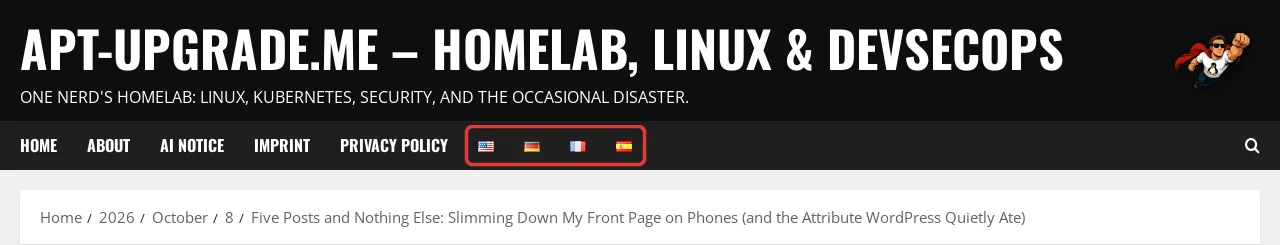 Header of apt-upgrade.me with the main menu; the four language flags for English, German, French and Spanish next to the menu items are highlighted with a red frame