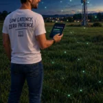 Man in sunglasses and a LOW LATENCY. ZERO PATIENCE. t-shirt holding a tablet showing apt-upgrade.me, a mobile phone mast against the night sky behind him
