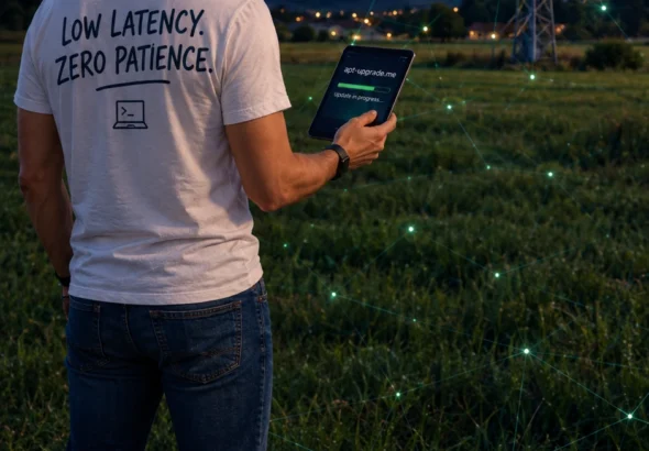 Man in sunglasses and a LOW LATENCY. ZERO PATIENCE. t-shirt holding a tablet showing apt-upgrade.me, a mobile phone mast against the night sky behind him