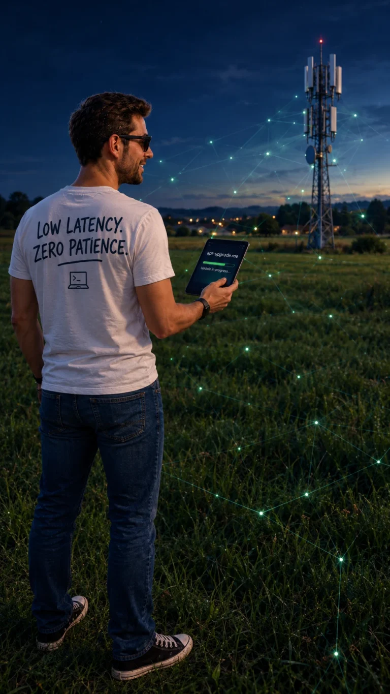 Man in sunglasses and a LOW LATENCY. ZERO PATIENCE. t-shirt holding a tablet showing apt-upgrade.me, a mobile phone mast against the night sky behind him
