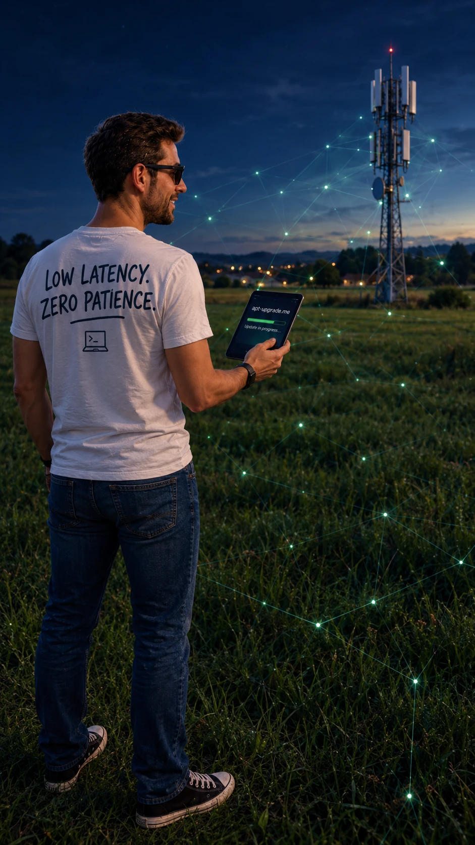 Man in sunglasses and a LOW LATENCY. ZERO PATIENCE. t-shirt holding a tablet showing apt-upgrade.me, a mobile phone mast against the night sky behind him